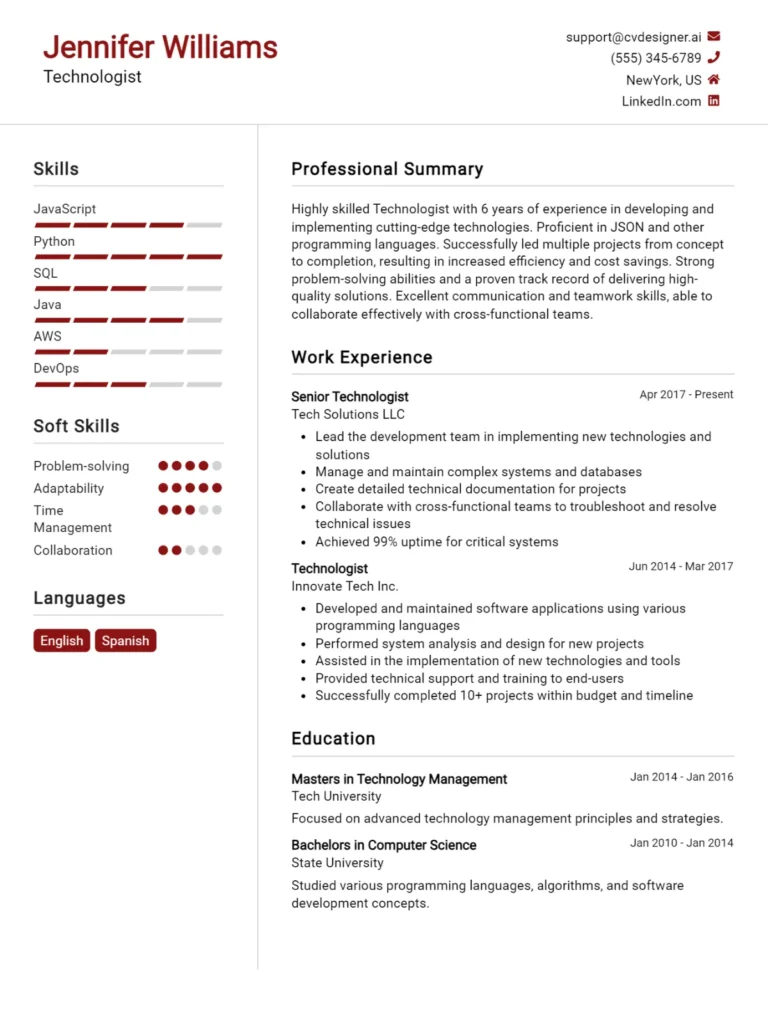Technologist CV Example For 2025: Top Tips & Samples