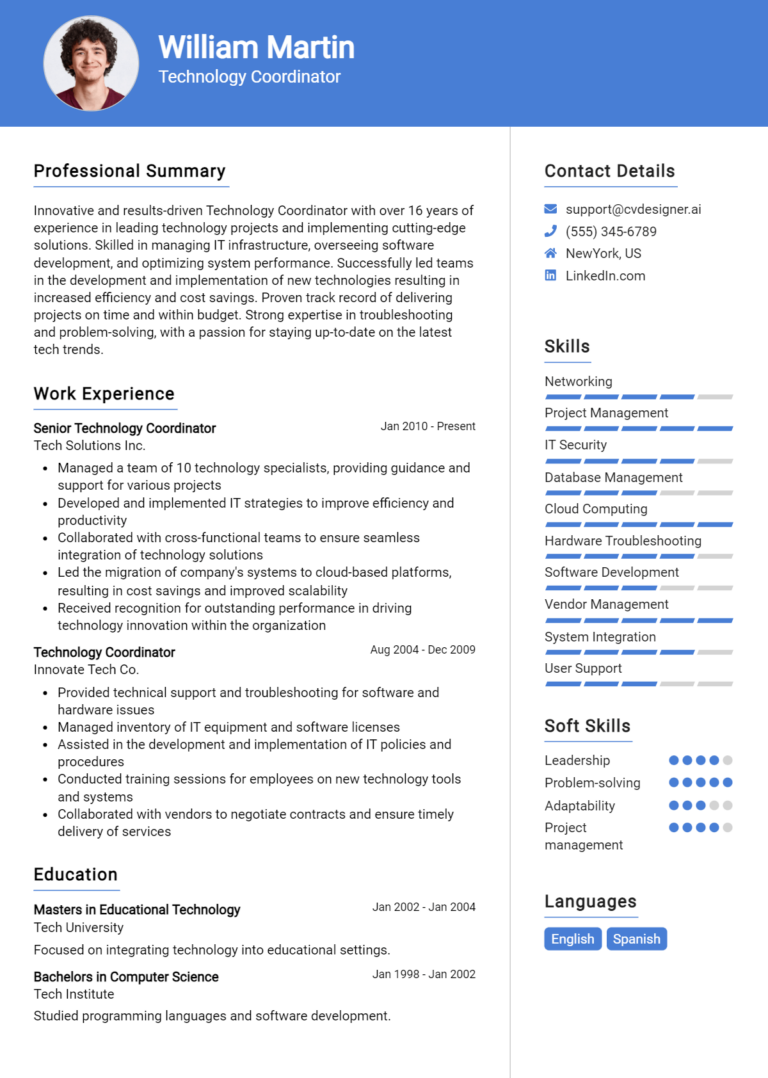 Technology Coordinator Resume Example for 2025: Top CV Skills
