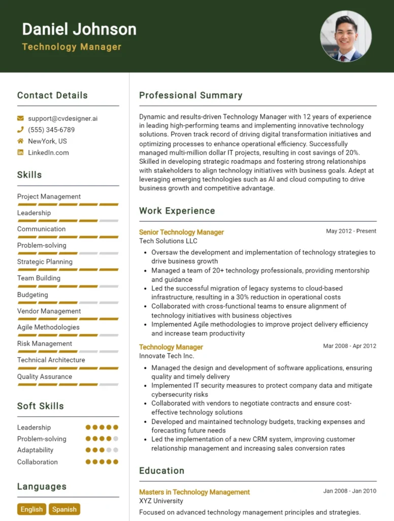 Technology Manager CV Example