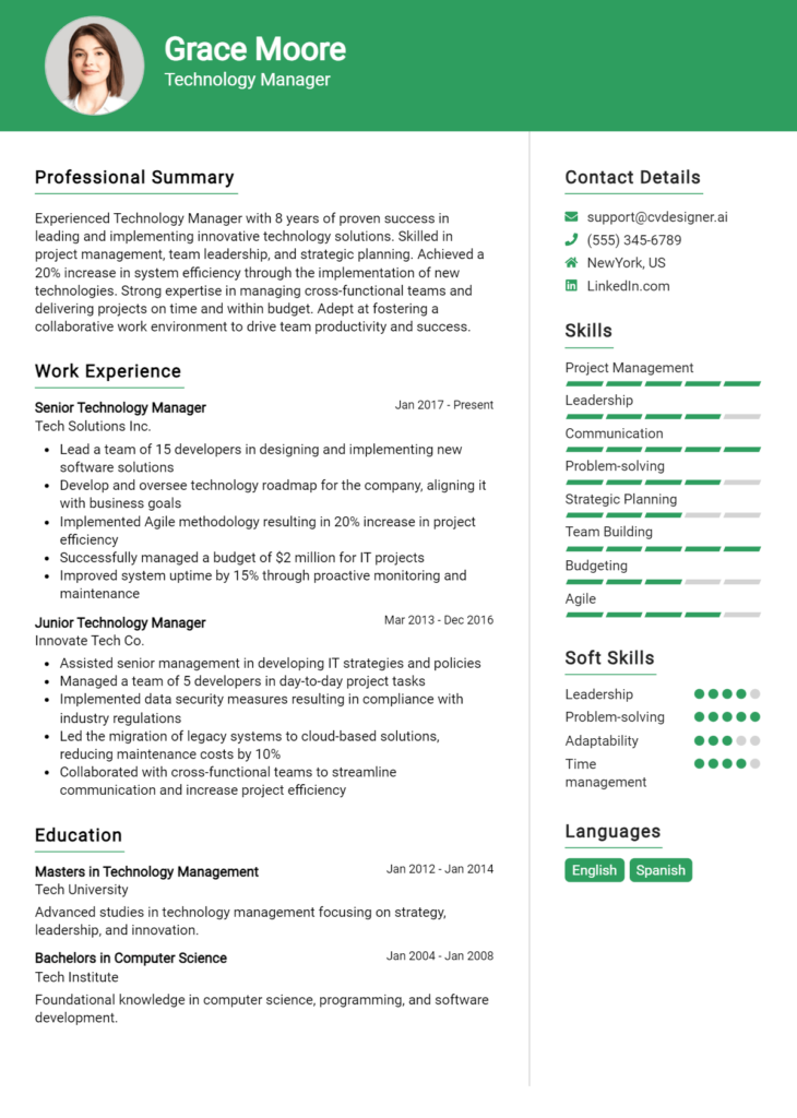 Technology Manager Resume Example for 2024: Writing Guide - CVDesigner.ai