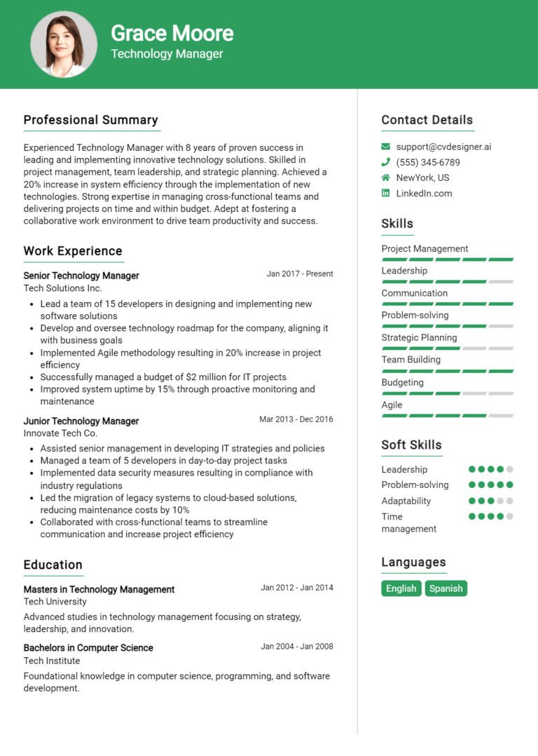 Technology Manager Resume Example for 2025: Writing Guide