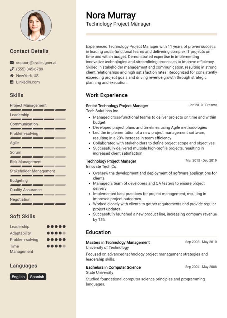 Technology Project Manager Resume Example