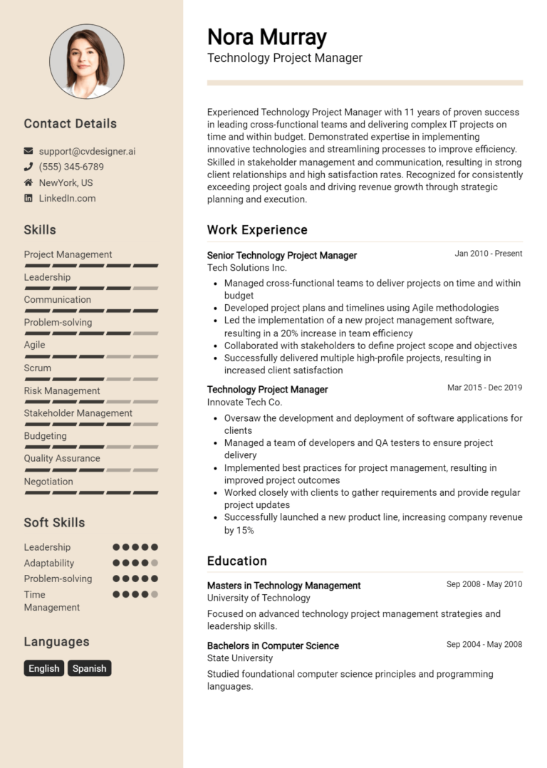 Technology Project Manager Resume Example for 2025: Resume Guide