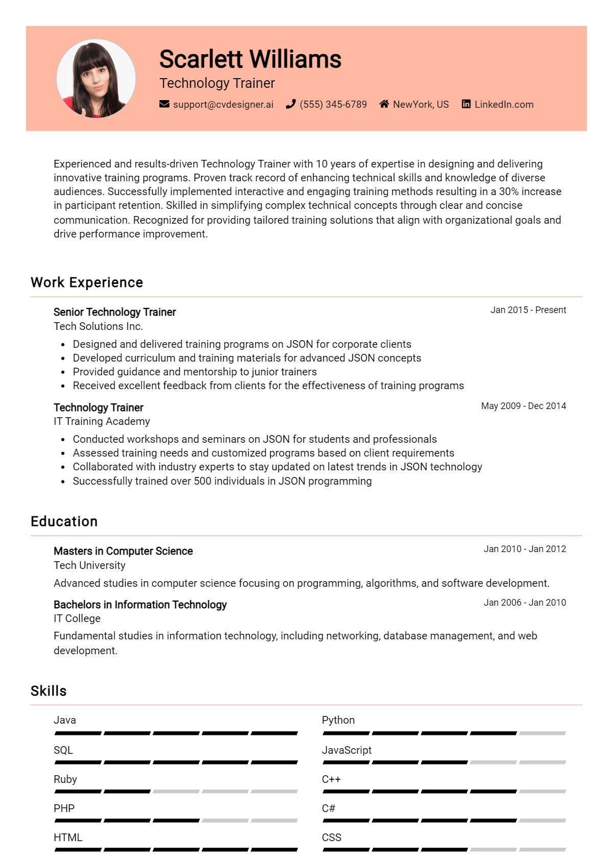 Technology Trainer Resume Example for 2024: Top CV Skills - CVDesigner.ai