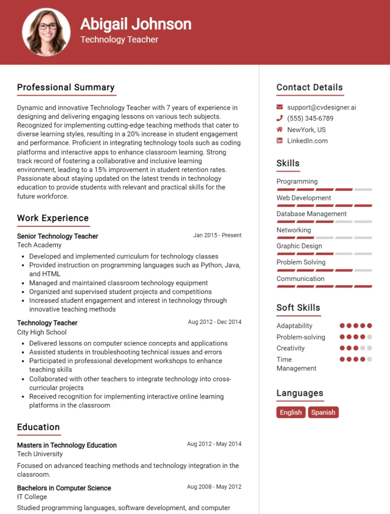 Technology Teacher CV Example