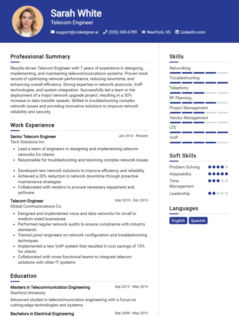 Telecom Engineer CV Example For 2025: Top Tips & Samples
