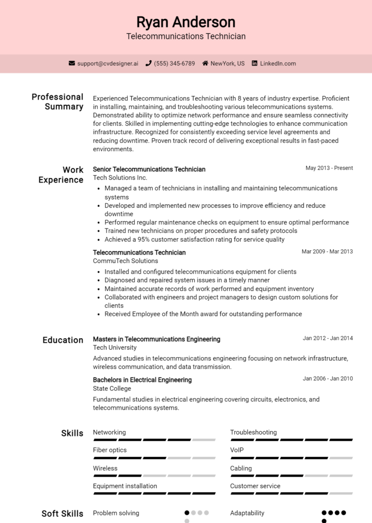 Telecommunications Technician Resume Example for 2025: Proven Tips & Templates