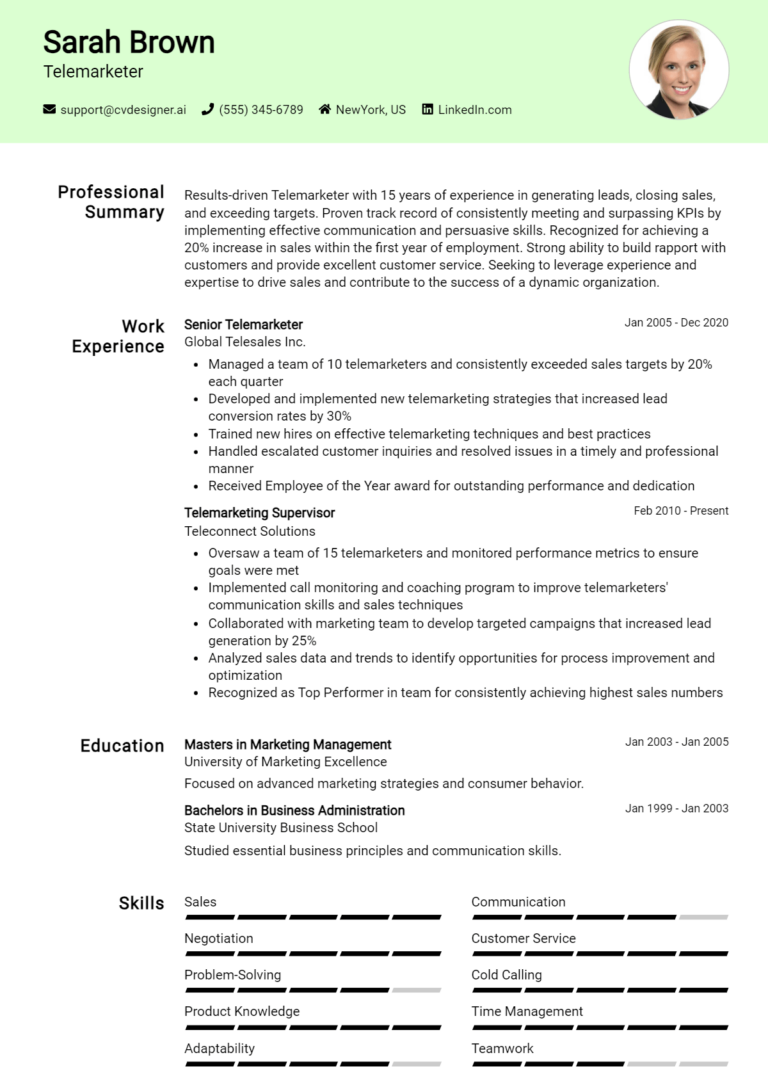 Telemarketer Resume Example for 2025: Free Samples