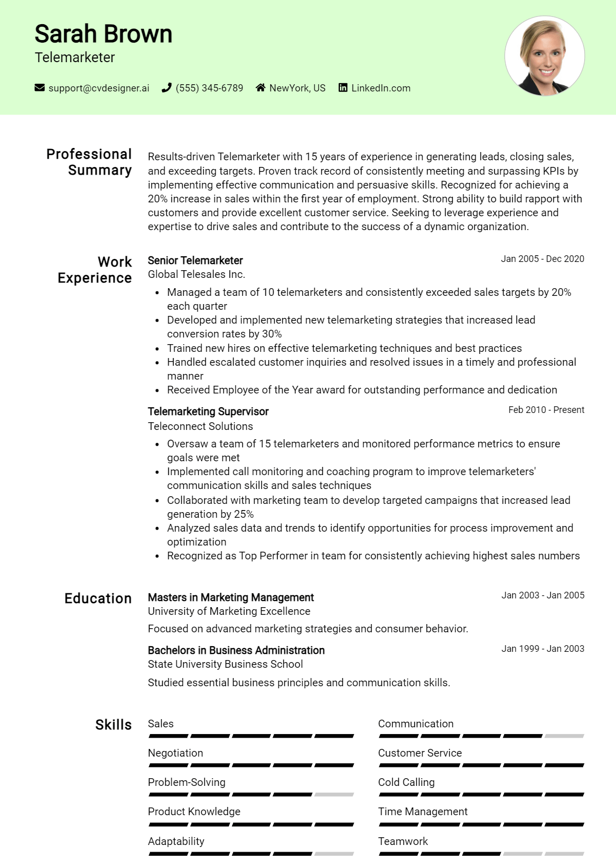 Telemarketer Resume Example