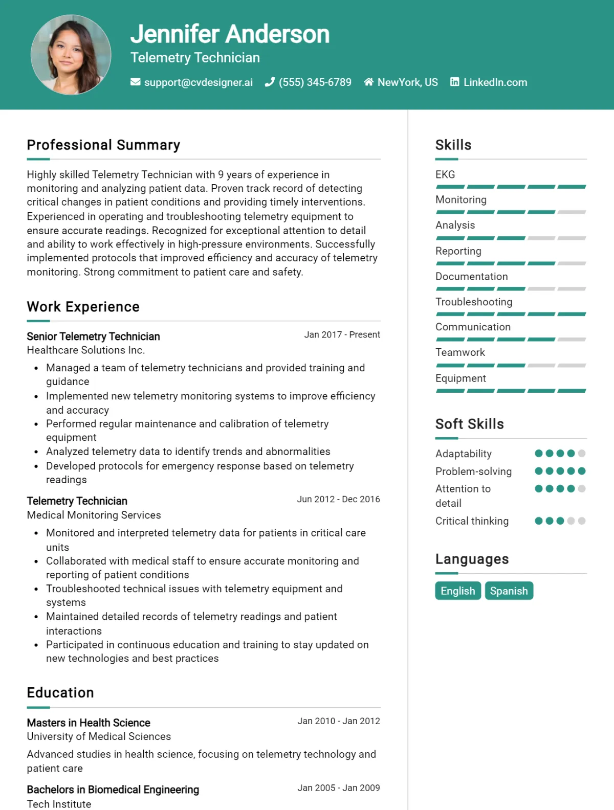 Telemetry Technician CV Example