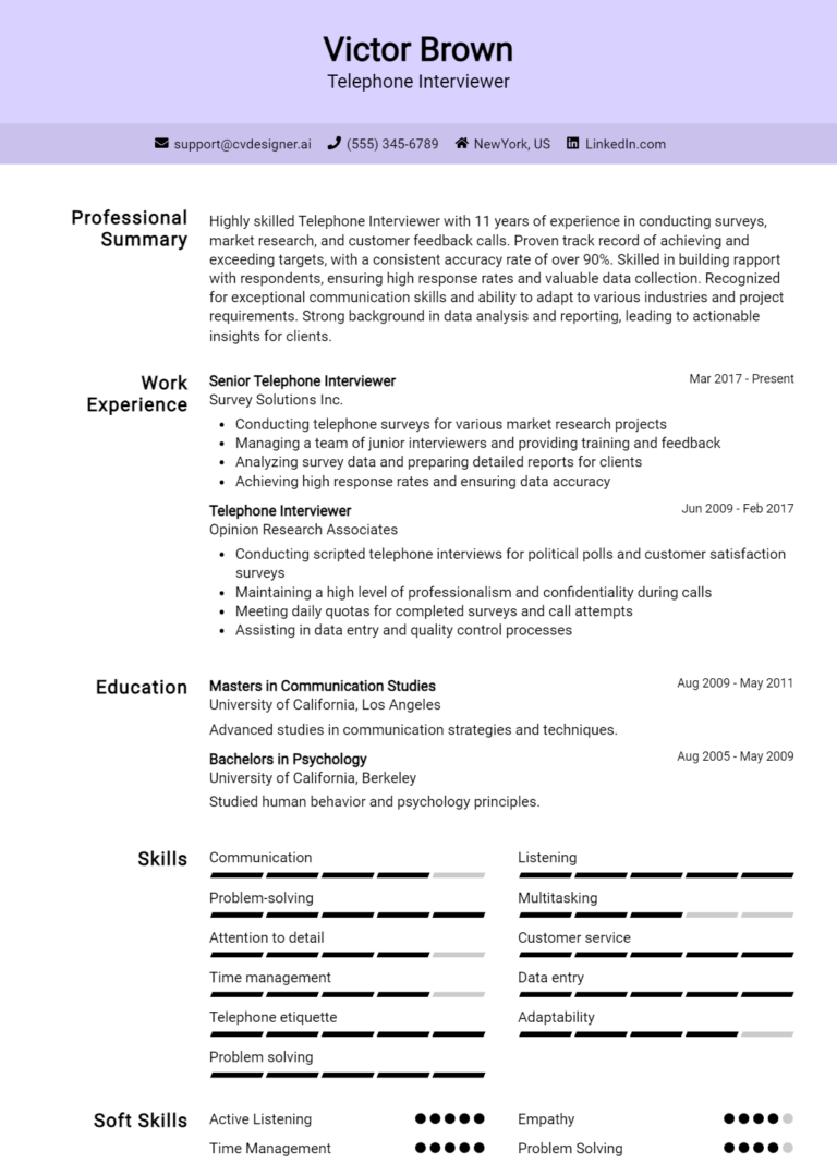 Telephone Interviewer Resume Example for 2025: Free Samples