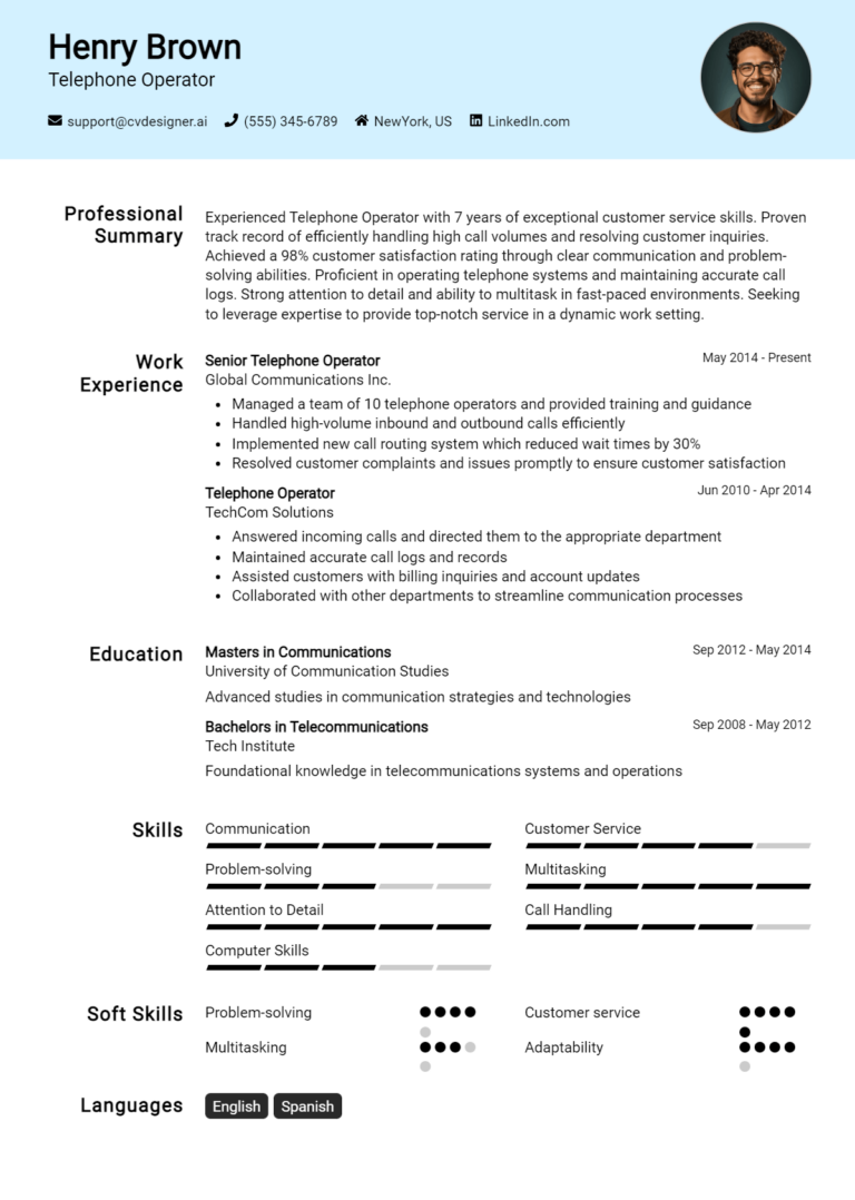 Telephone Operator Resume Example for 2025: Best Writing Guide