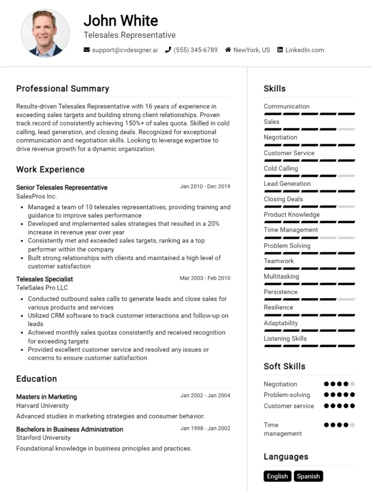 Telesales Representative CV Example For 2025: Proven Tips & Templates