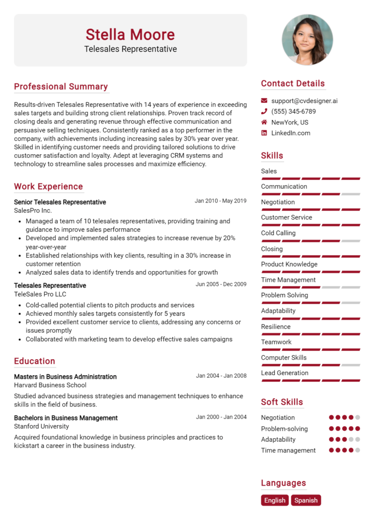 Telesales Representative Resume Example for 2025: Expert Tips