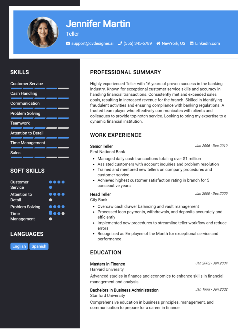Teller Resume Example for 2025: Free Professional Templates 1 Teller Resume Example for 2025: Free Professional Templates