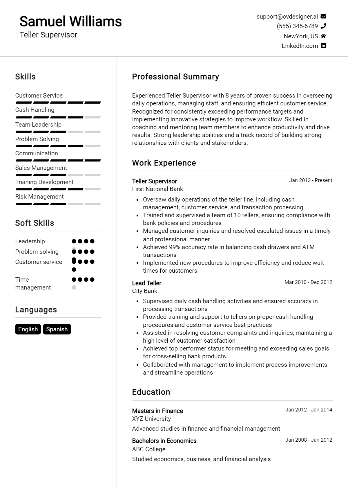 Teller Supervisor Resume Example for 2024: Professional CV Templates ...