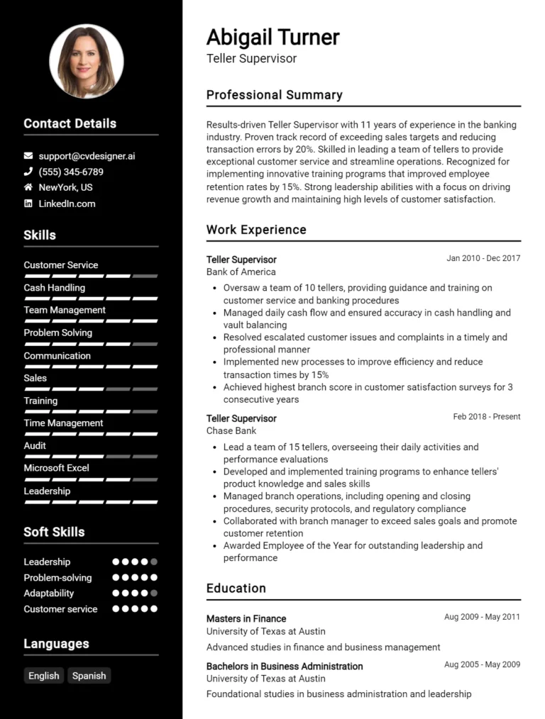 Teller Supervisor CV Example For 2025: Free Downloadable Templates