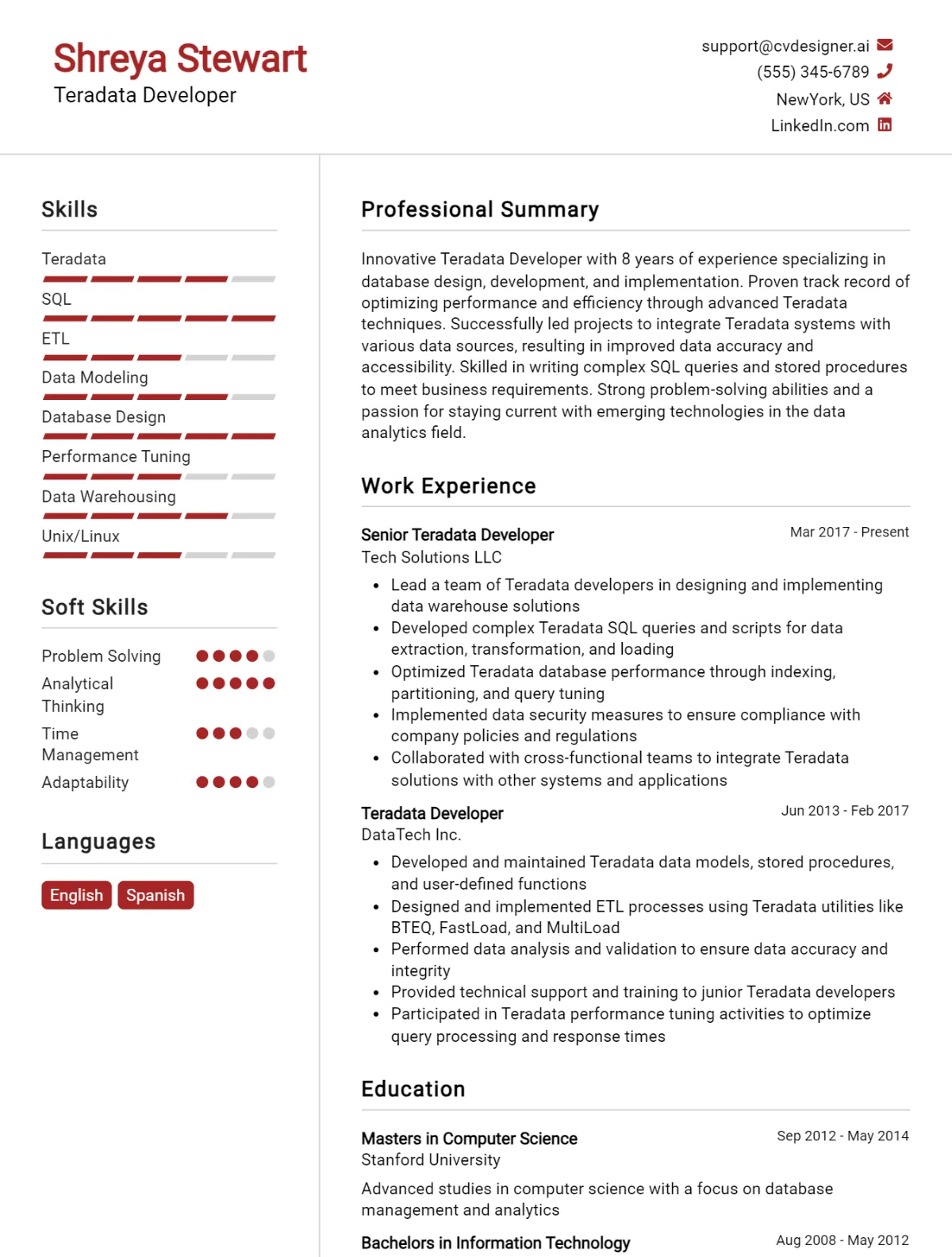 Teradata Developer CV Example