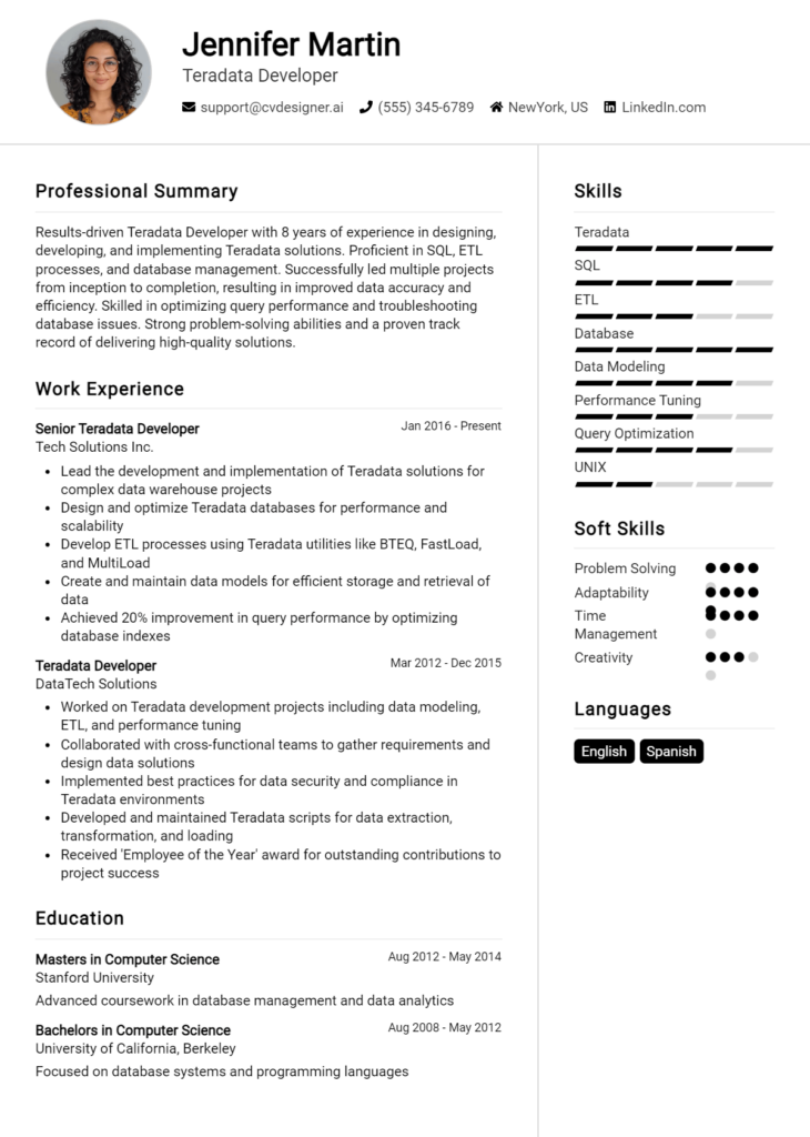 Teradata Developer Resume Example