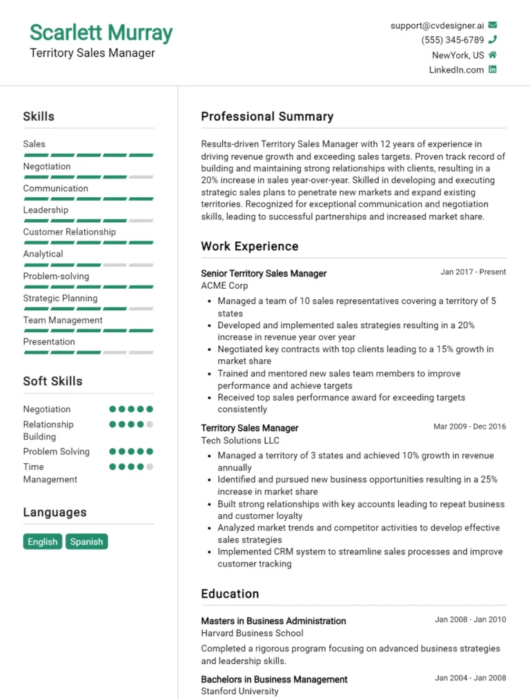 Territory Sales Manager CV Example For 2025: How to Craft a Winning CV