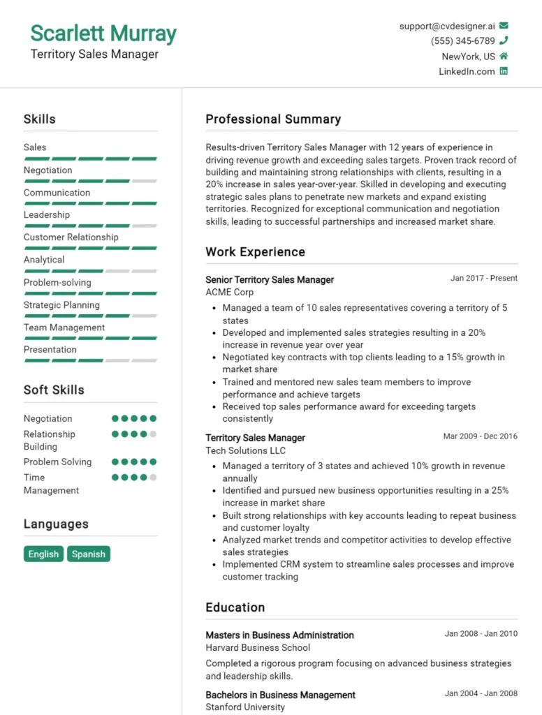 Territory Sales Manager CV Example