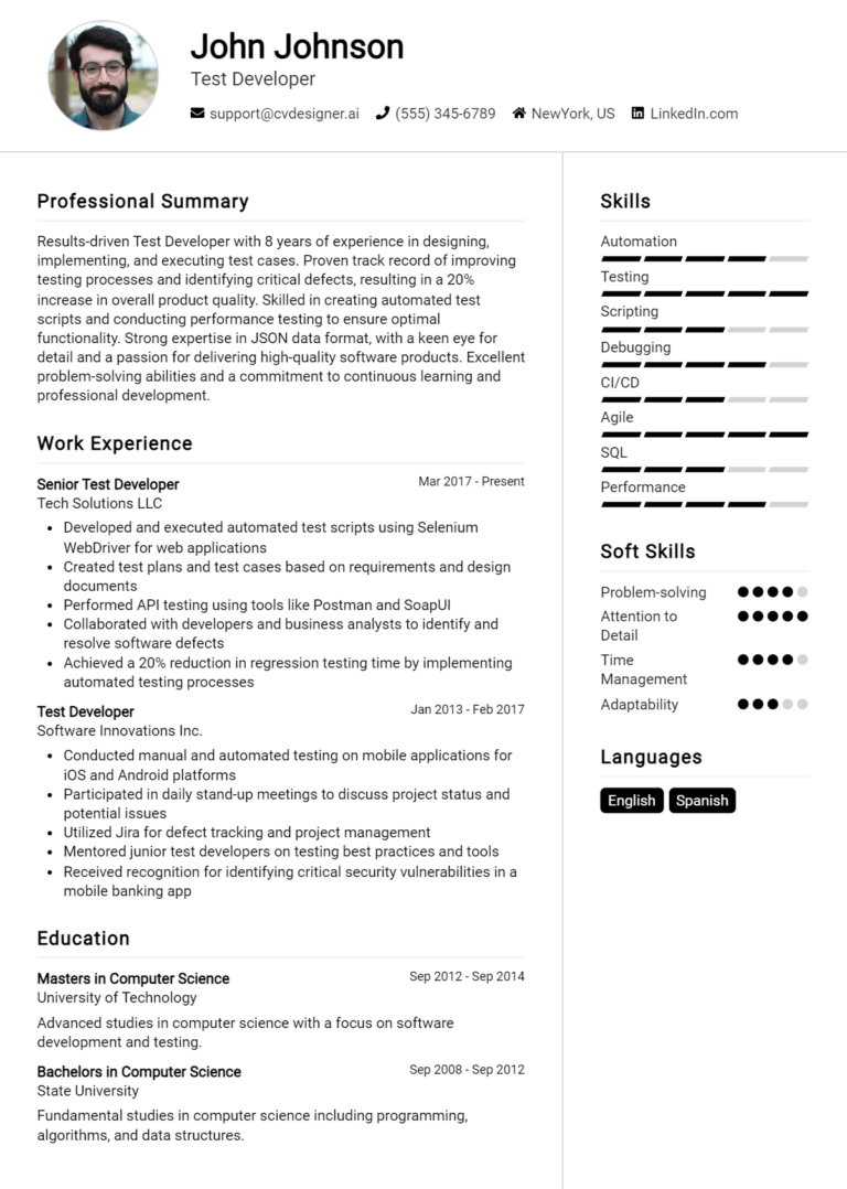 Test Developer Resume Example for 2025: Effective Tips