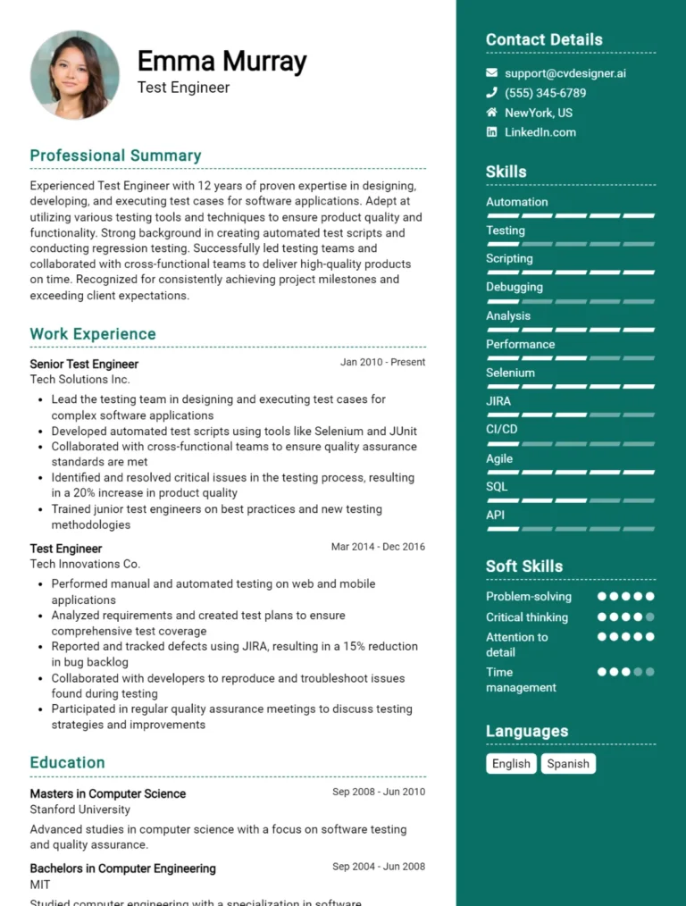 Test Engineer CV Example For 2025: Top Tips & Samples
