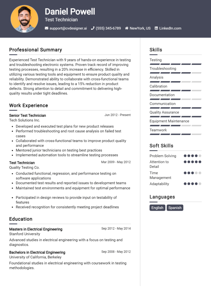 Test Technician Resume Example