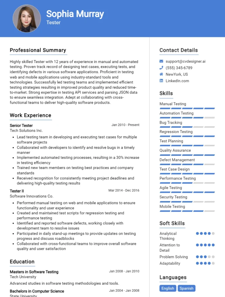 11 Tester CV Examples for 2025: Professional CV Templates