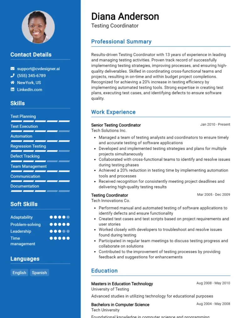 Testing Coordinator CV Example for 2025: Professional CV Templates