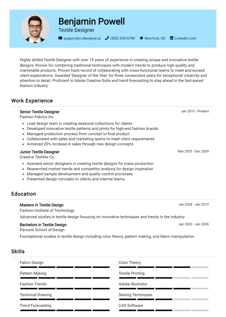 Textile Designer Resume Example for 2025: Ultimate Guide