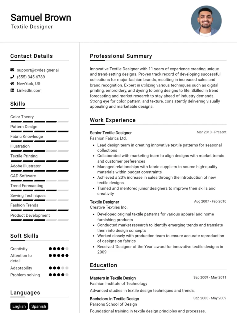 Textile Designer CV Example For 2025: Examples & Free Templates