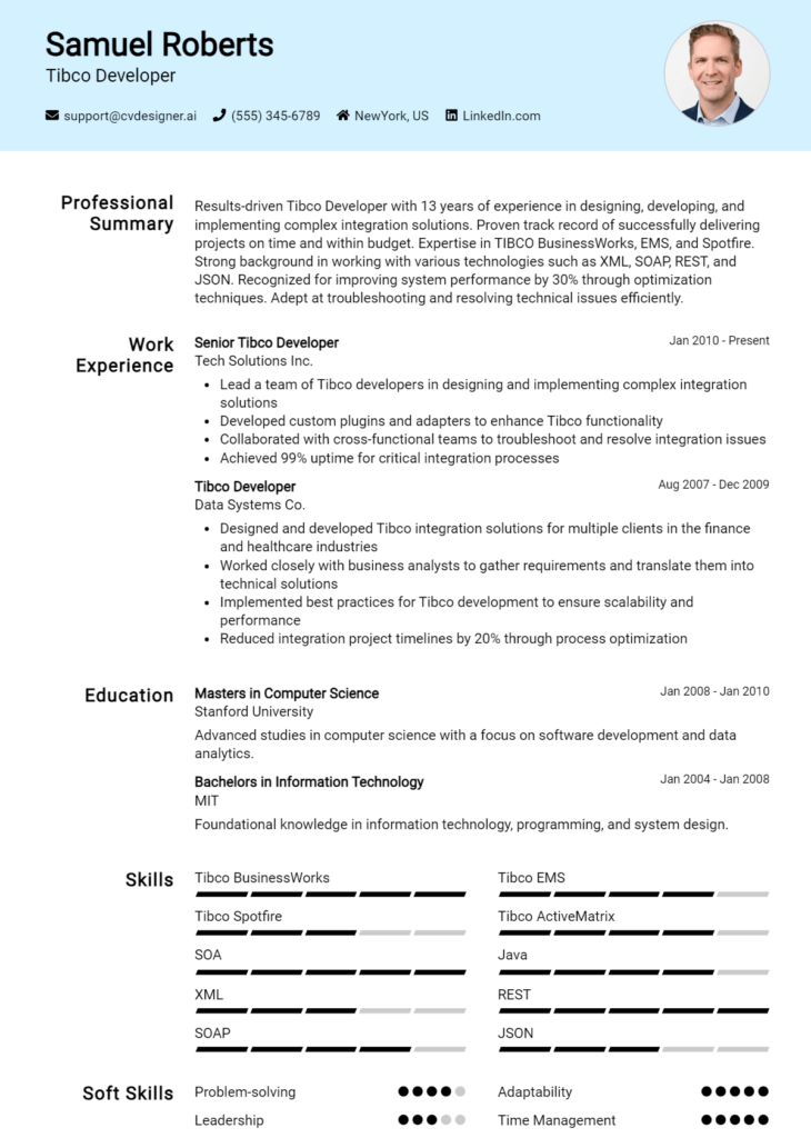 Tibco Developer Resume Example for 2024: Top CV Skills - CVDesigner.ai