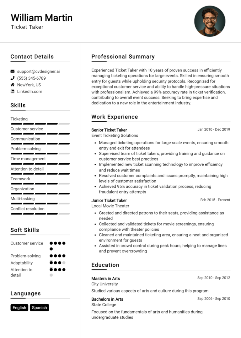 Ticket Taker Resume Example for 2025: Examples & Free Templates