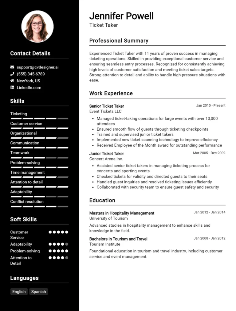 Ticket Taker CV Example For 2025: Strategies & Templates