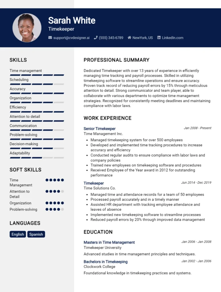 Timekeeper CV Example For 2025: Examples & Free Templates