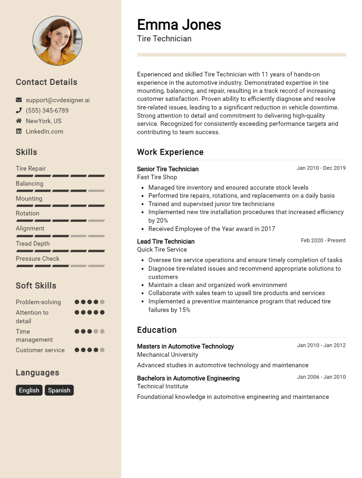 Tire Technician CV Example