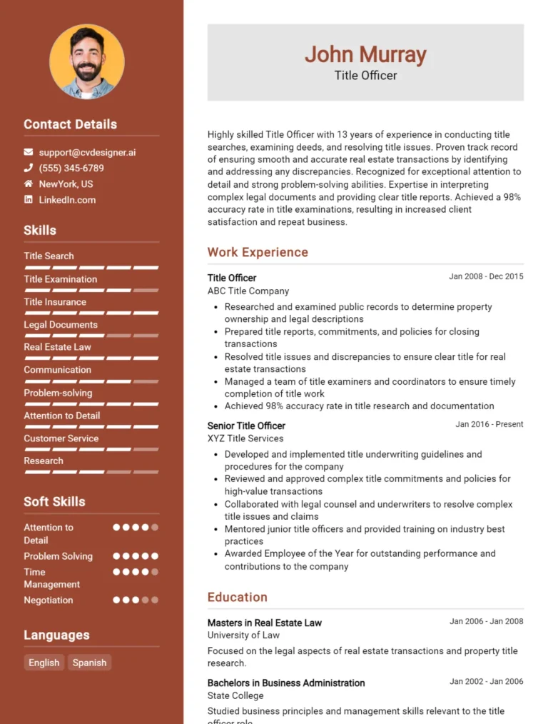 Title Officer CV Example For 2025: Top CV Skills