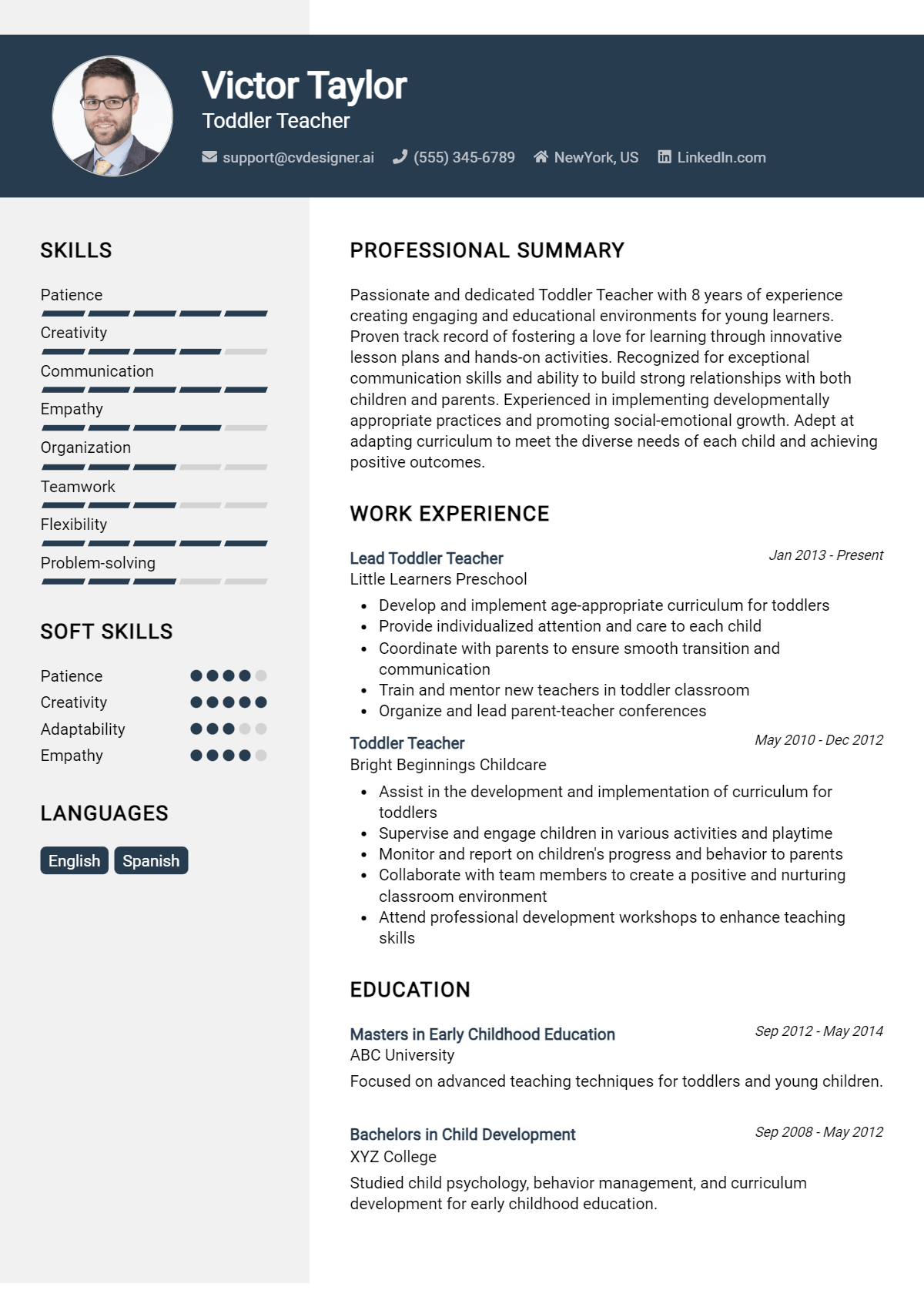 Toddler Teacher Resume Example