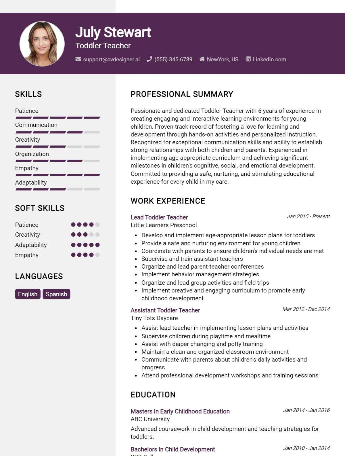 Toddler Teacher CV Example