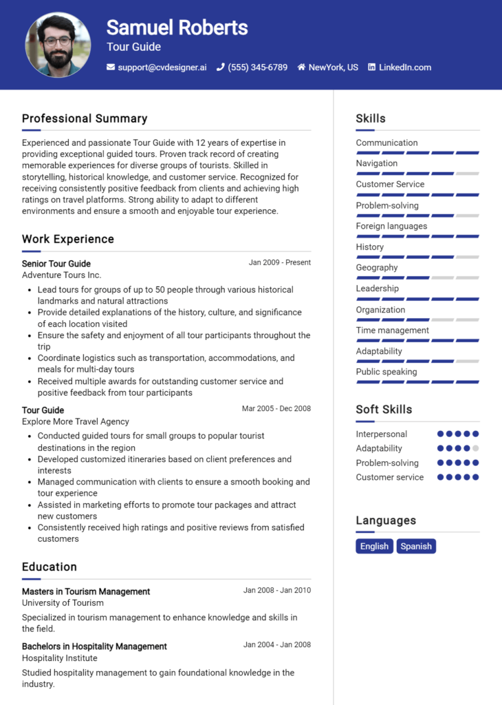 Tour Guide Resume Example for 2024: Best Writing Guide - CVDesigner.ai