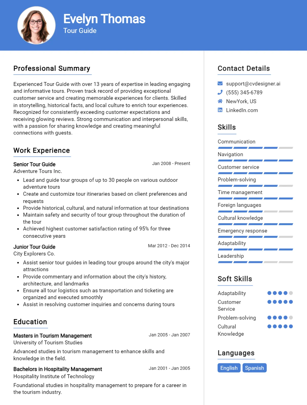 Tour Guide CV Example For 2024: Free Downloadable Templates - CVDesigner.ai