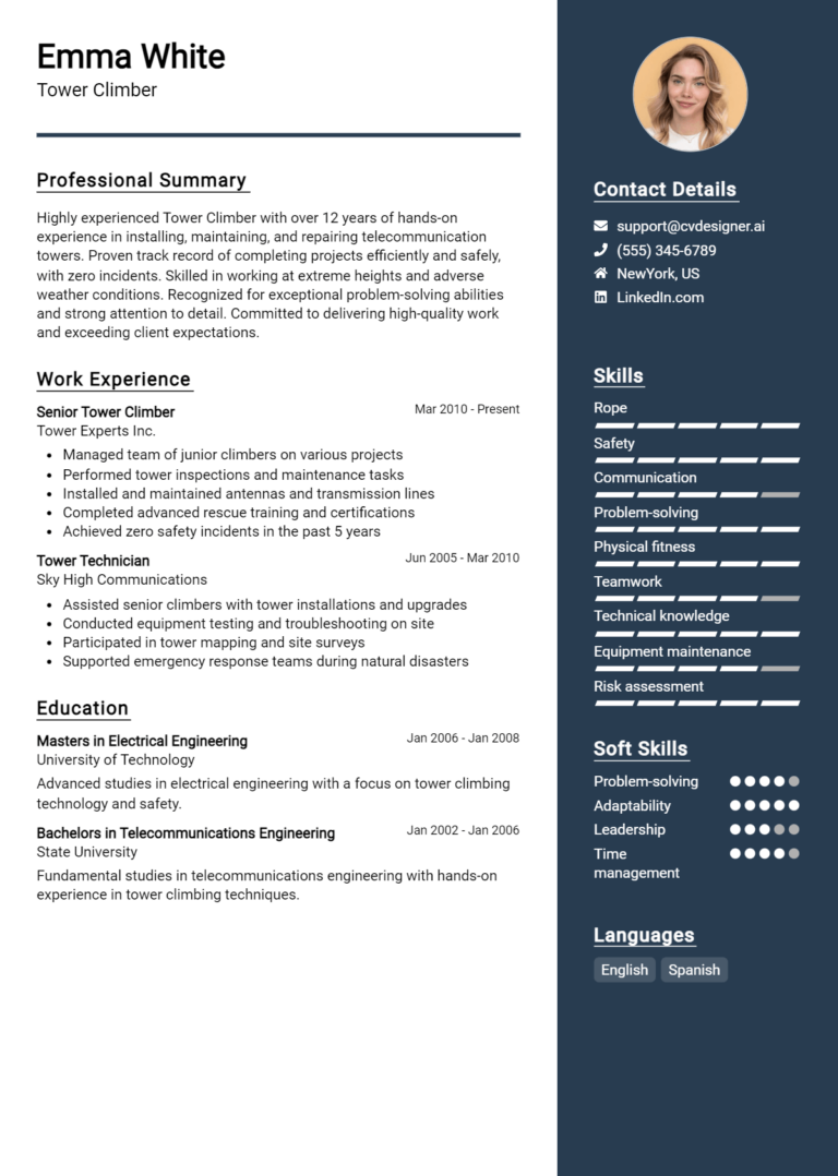 Tower Climber Resume Example for 2025: Tips & Templates