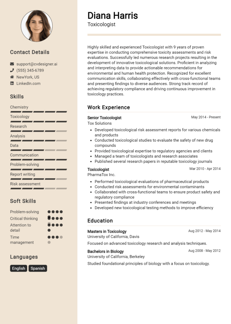 Toxicologist Resume Example for 2025: Effective CV Writing Tips