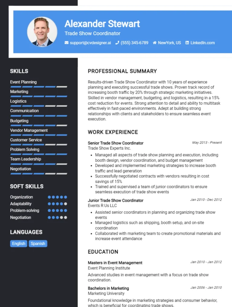 Trade Show Coordinator CV Example For 2025: Best Writing Guide