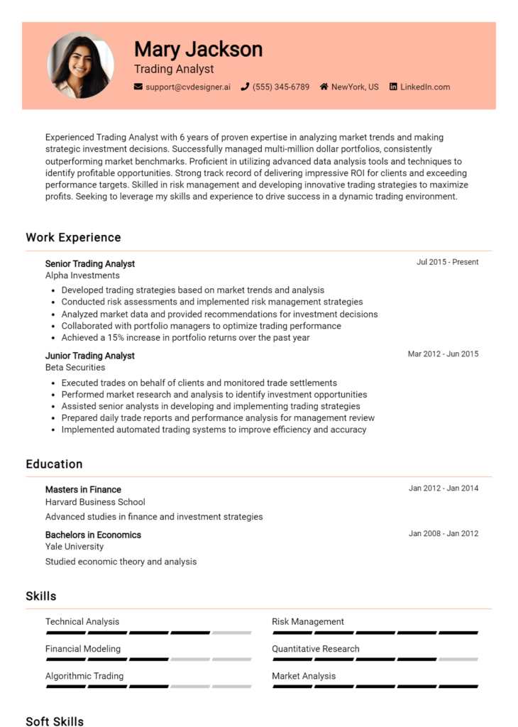 Trading Analyst Resume Example