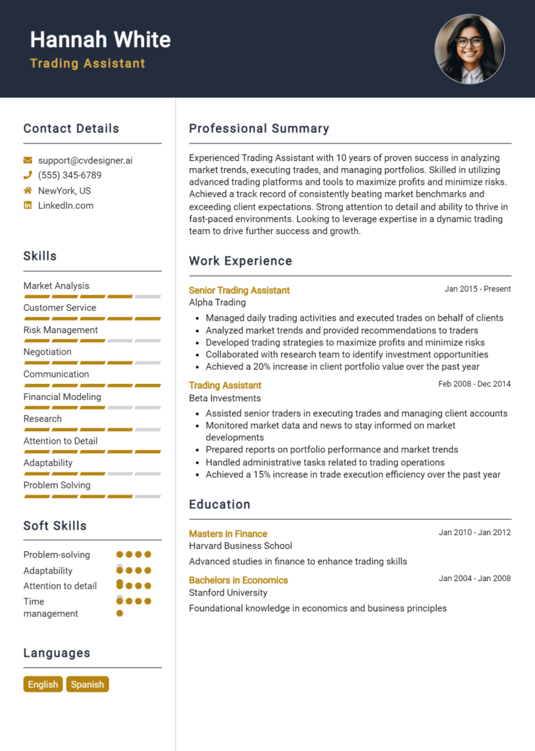 Trading Assistant Resume Example for 2025: Expert Tips & Templates