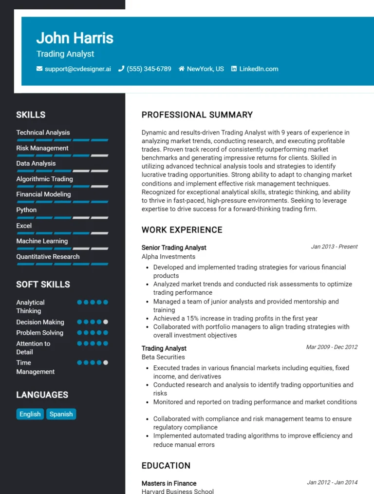Trading Analyst CV Example For 2025: How to Craft a Winning CV
