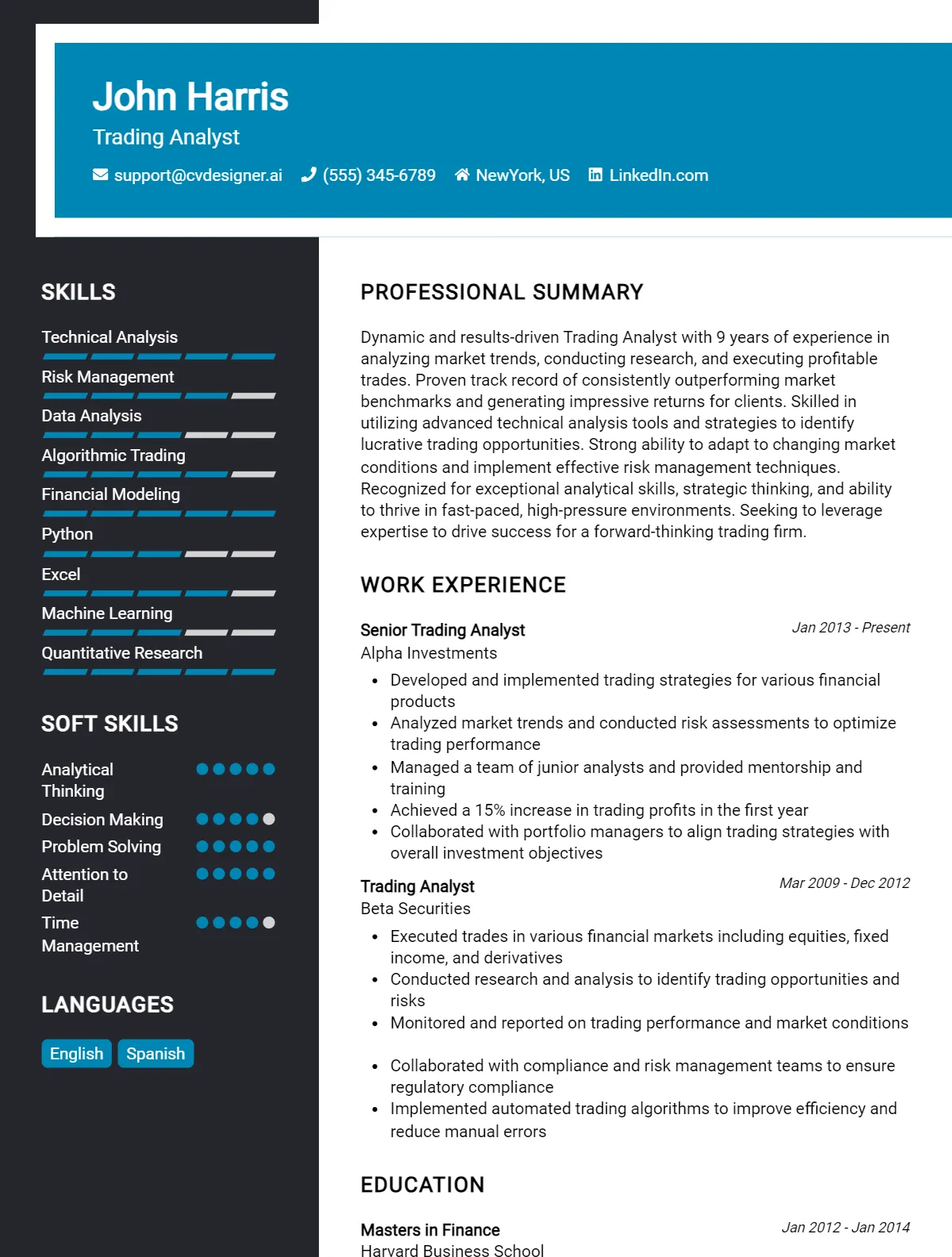 Trading Analyst CV Example