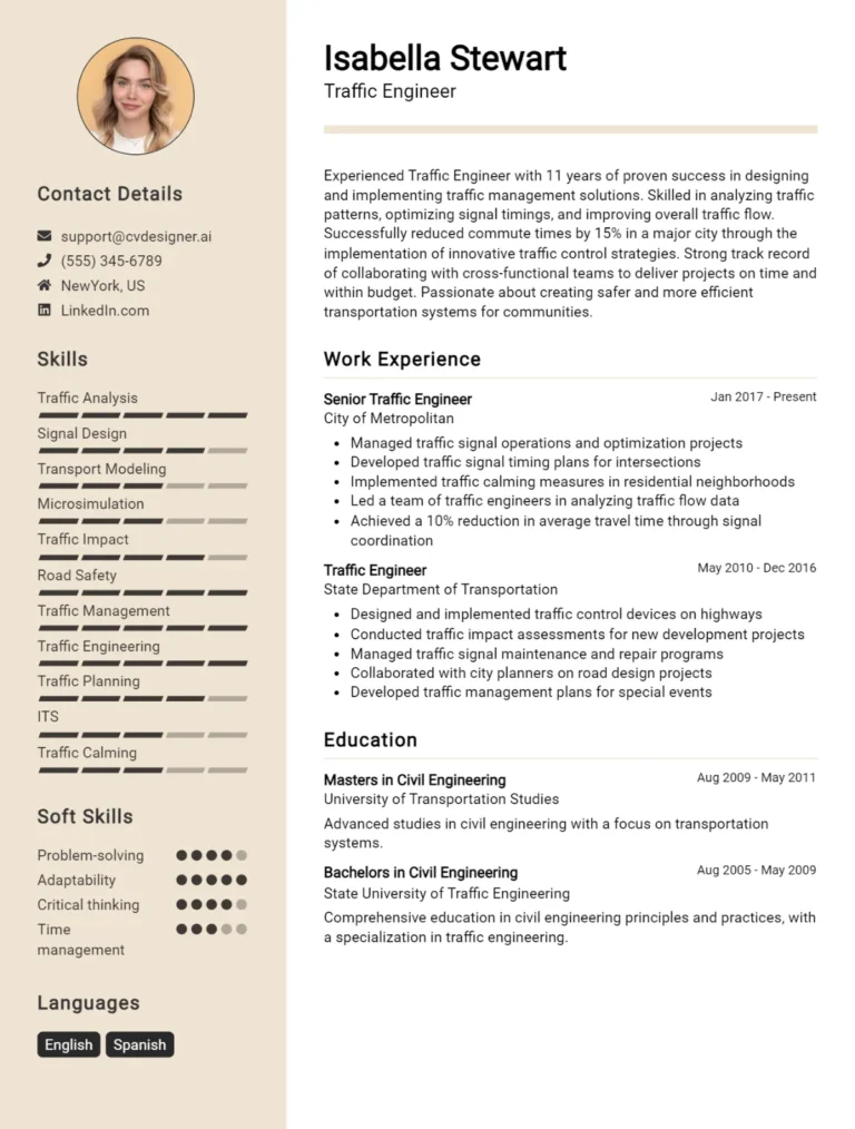 Traffic Engineer CV Example For 2025: Top Tips & Samples